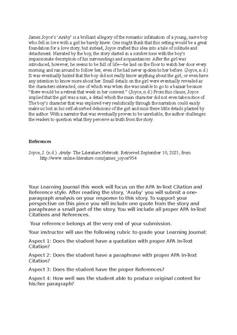 ENGL 1102 Unit 1 Learning Journal James Joyces Araby Is A