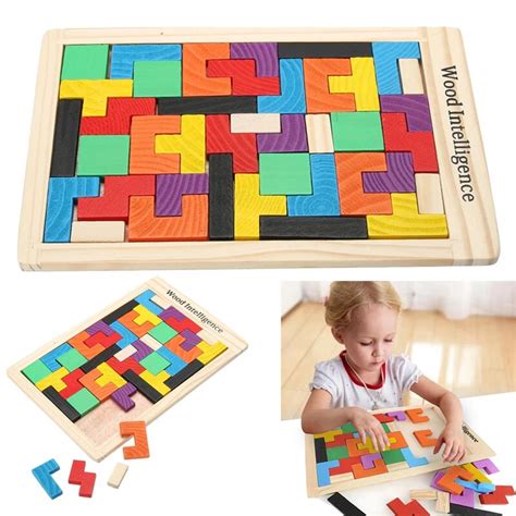 Colored Children Wooden Puzzles Toy Tangram Brain Teaser Puzzle Toy