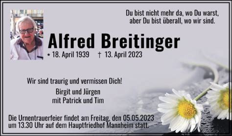 Traueranzeigen Von Alfred Breitfinger Trauerportal Ihrer Tageszeitung