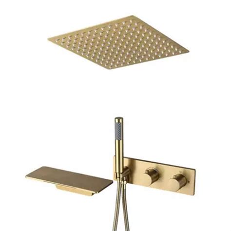 Brushed Gold Brass Thermostatic Ways Shower System Set Hot Cold Water Mixer Concealed Shower