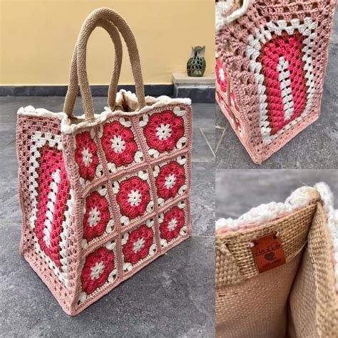 Two Pictures Of The Same Handbag One With Red And White Crochet