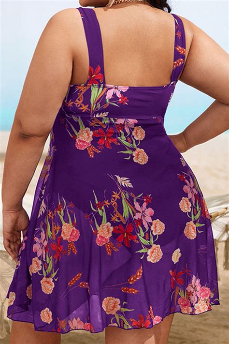 Wholesale Purple Sexy Print Patchwork U Neck Plus Size Swimwear K76090 3 Online