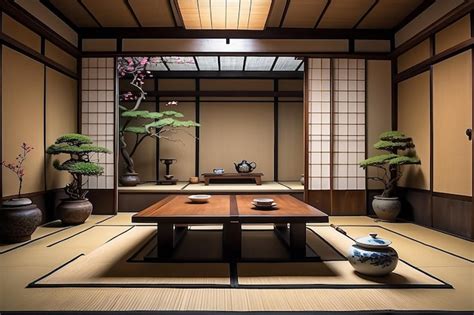 Premium Photo Traditional Japanese Tea Room Interior With Tatami Mats