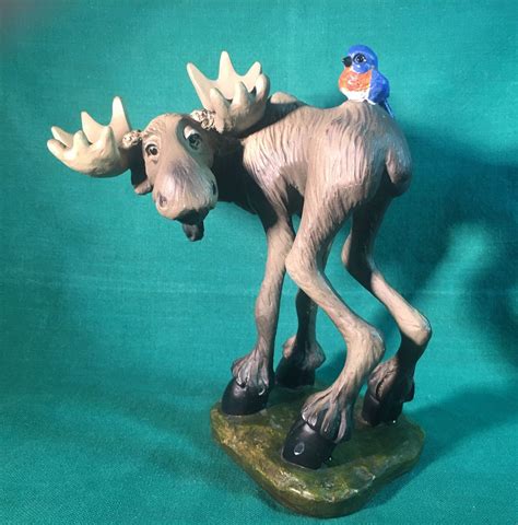 Retro Resin Moose With Bluebird Sitting On Behind Figurine