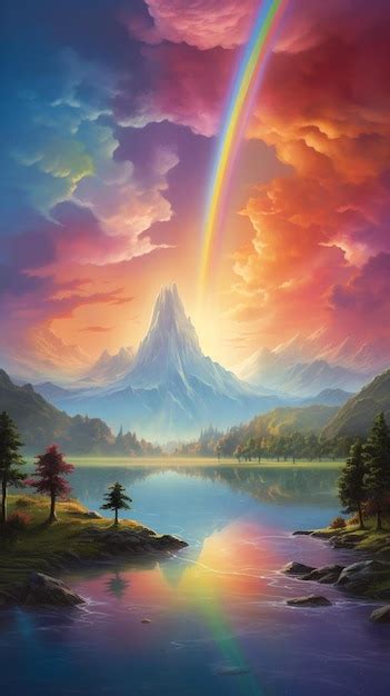 premium ai image  rainbow   mountain lake   mountains