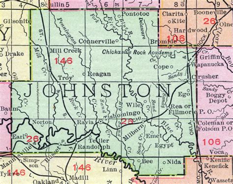 Johnston County, Oklahoma 1911 Map, Rand McNally, Tishomingo, Wapanucka ...