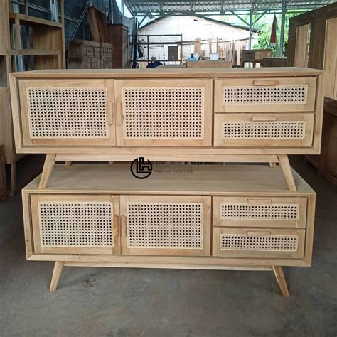 Jual Tempat TV Minimalis Retro Kayu Jati Kombinasi Anyaman Rotan