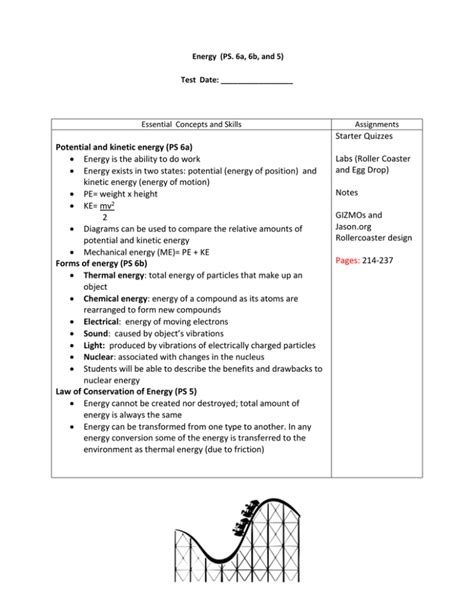 Potential And Kinetic Energy PS 6a Starter Quizzes Labs Roller Coaster