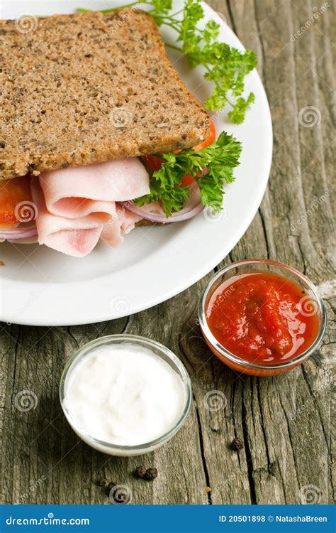 Fresh sandwich with sauces stock photo. Image of bread - 20501898