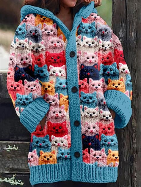 Colorful Spring Cats Pattern Cozy Hooded Cardigan In Knitting