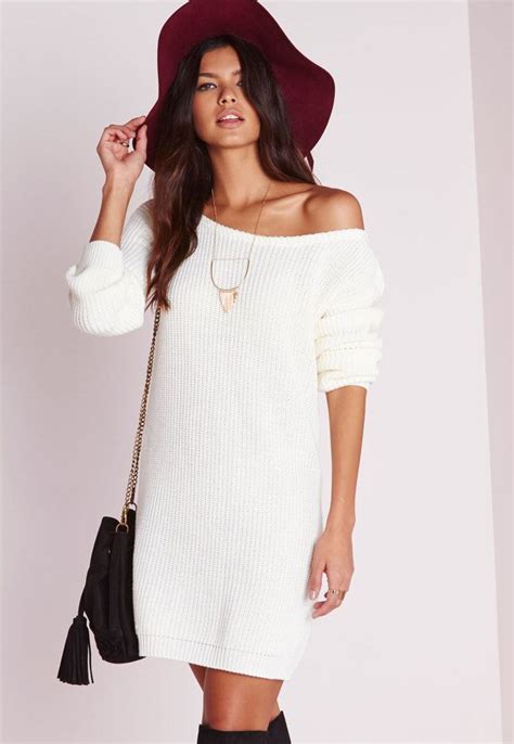 Missguided Off Shoulder Knit Sweater Dress Cream Knitted Jumper Dress