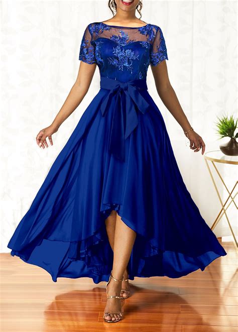 Belted Sapphire Blue Lace Patchwork Maxi Dress In 2024 Prom Dresses