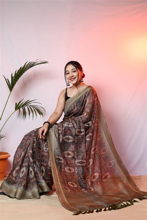 Buy Online Ajrakh Printed Chanderi Sarees With Zari Woven Border