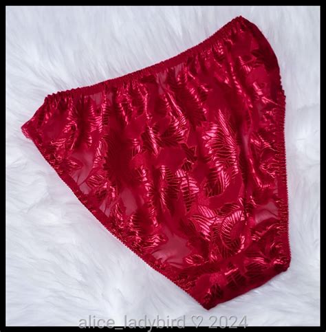 Nos Vintage Shiny String Bikini Panties Red Satin Lac Gem