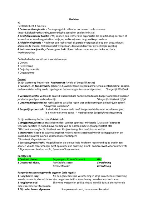 Samenvatting Recht Colleges Rechten H Het Recht Kent Functies