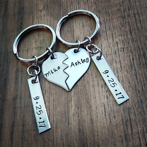 Hand Stamped Personalized Split Heart Keychain Couples Etsy