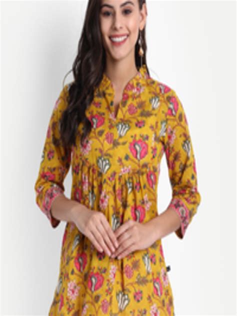 Buy Githaan Women Mustard Yellow Floral Print Mandarin Collar Empire