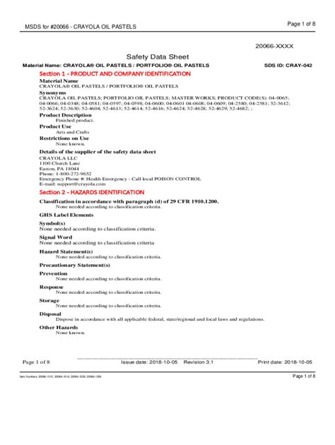 Fillable Online Msds For Crayola Oil Pastels Material Safety