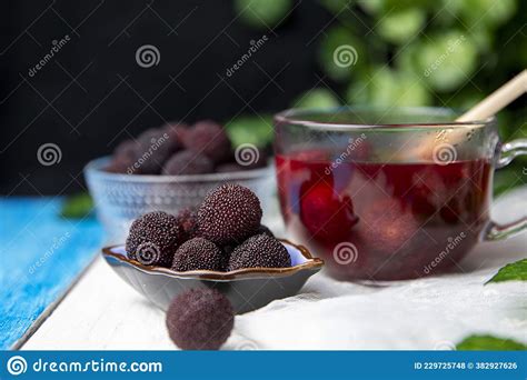 Fresh Red Bayberry And Red Bayberry Juice Stock Photo Image Of Table