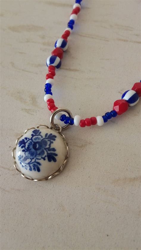 Red White And Blue Beaded Necklace With Vintage Floral Etsy