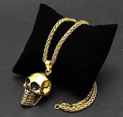 Men S Gold 316L Stainless Steel Skull Head Pendant Necklace Biker Punk