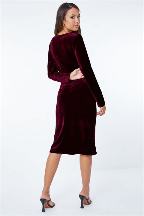 Stretch Velvet Midi Wrap Dress In Wine Roman Originals Uk