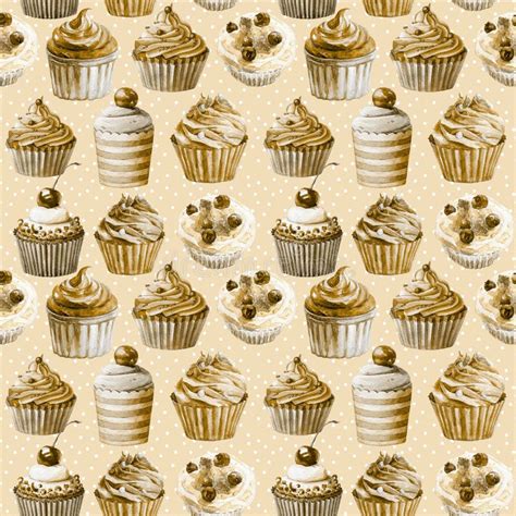 Seamless Pattern Watercolor Cupcakes Muffins Stock Illustration