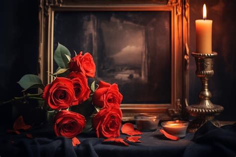 Un Ramo De Rosas Rojas Se Sienta En Una Mesa Al Lado De Una Foto