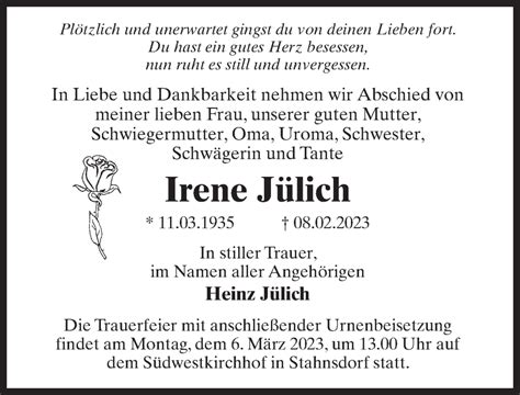 Traueranzeigen Von Irene J Lich Trauer Anzeigen De