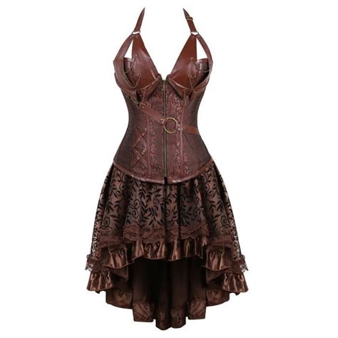 Robe Corset gothique en Faux cuir Bustier Lingerie haut avec jupe en dentelle asymétrique