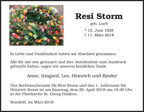 Traueranzeigen Von Resi Storm Trauer In Nrw De