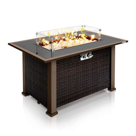 Serenelife Outdoor Rattan Patio Propane Fire Pit Table With Glass Guard