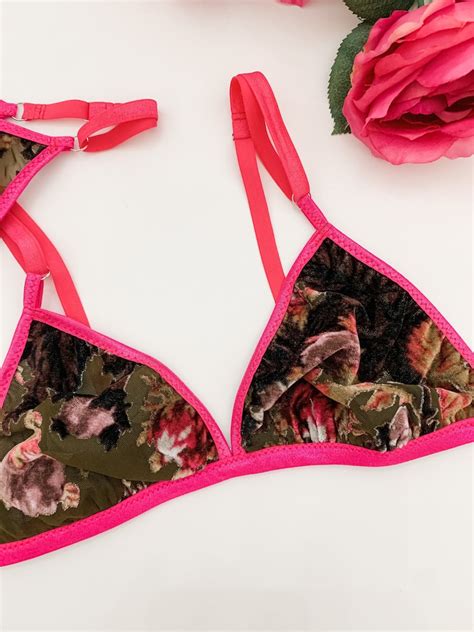 Velvet Green And Pink Floral Lingerie Set Boudoir Lingerie Etsy