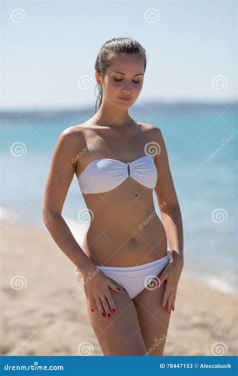 Attractive Girl In White Bikini On Seashore Stock Image Image Of