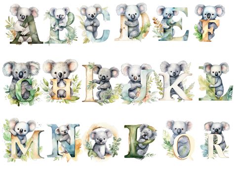 Watercolor Koala Alphabet in PNG for Commercial Use Instant Download ...