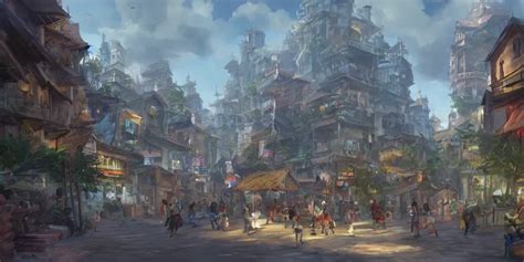 Large Fantasy Town Filled With People Game Concept Stable Diffusion