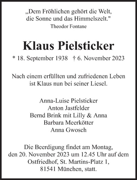 Traueranzeigen Von Klaus Pielsticker SZ Gedenken De