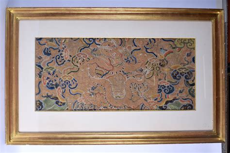 A Rare Chinese Ming Dynasty Silk Work Embroidered Dragon Panel Wanli