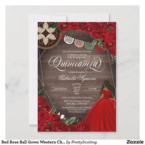 Red Rose Ball Gown Western Charro Quincea Era Th Invitation Charro