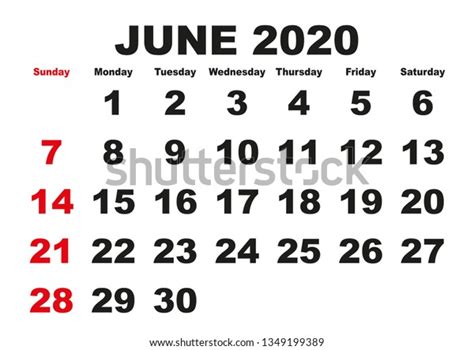 2020 Calendar June Month Vector Printable Stock Vektorgrafik