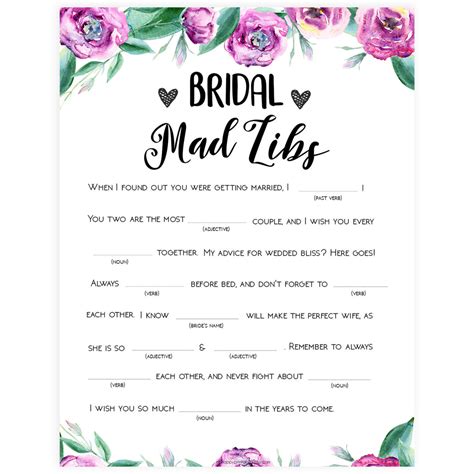 Bridal Shower Mad Libs Free Printable