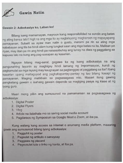 Gawain 2 Adbokasyiya Ko Laban Ko Please Pasagot Naman Pokailangan Ko