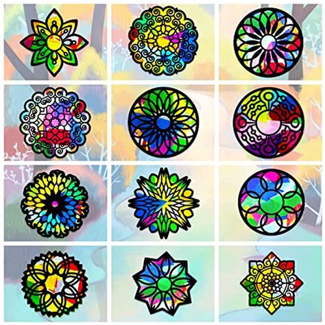 24 Pcs Mandala Stained Glass Effect Paper Suncatchers Buddhism Mandala