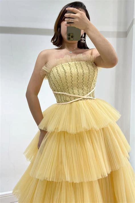 Daisda Daffodil Strapless Sleeveless Tulle Prom Dress With Layered