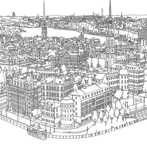 A Black And White Drawing Of A Cityscape With Buildings On The Other Side