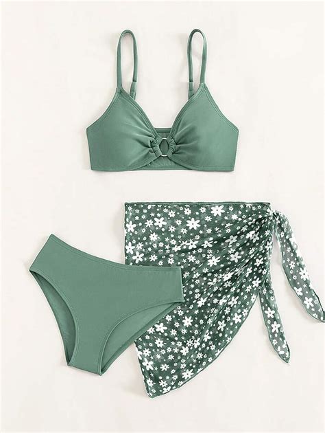 Teen Girls Ring Linked Bikini Set With Floral Print Beach Skirt