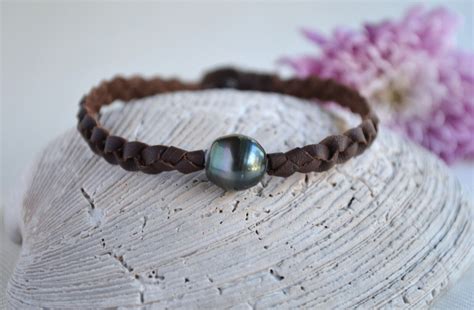 Unisex Tahitian Pearls Bracelet Braided Leather Tahiti Pearl Bracelet