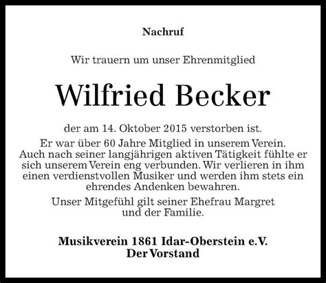 Traueranzeigen Von Wilfried Becker Rz Trauer De