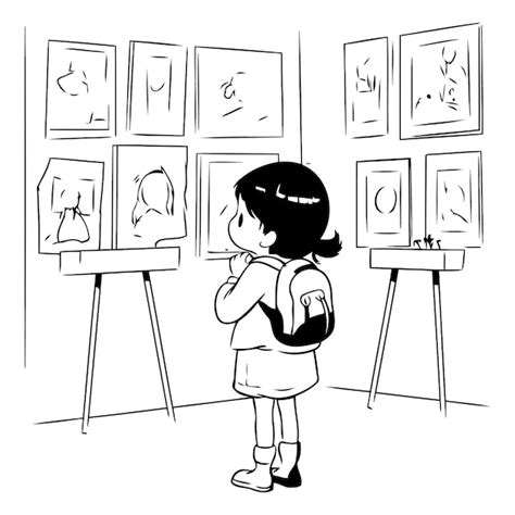 Premium Vector | Illustration of a little girl looking at paintings in ...