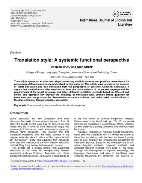 Pdf Translation Style A Systemic Functional Perspective